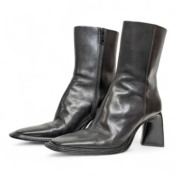 Black Leather Square Toe Sculptural Triangle Heel Minimalist Modern Ankle 10 - Picture 2 of 10